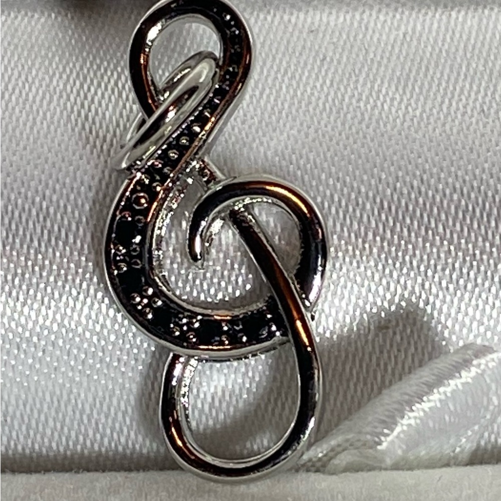 Silver and Black Treble Cleft Musical Note Necklace with Pave Setting